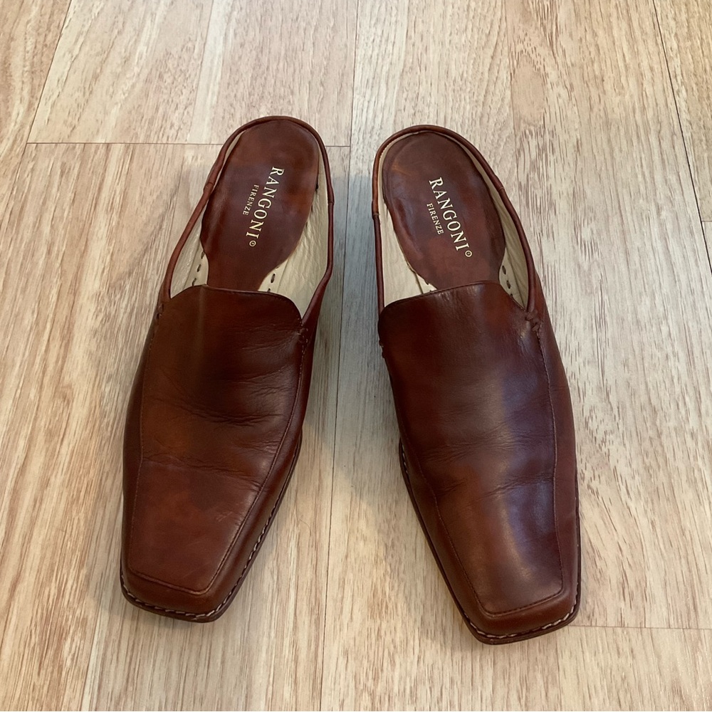 Rangoni Firenze Shoes Leather Low Slip On Mules Brown Women’s size 8.5B Italy